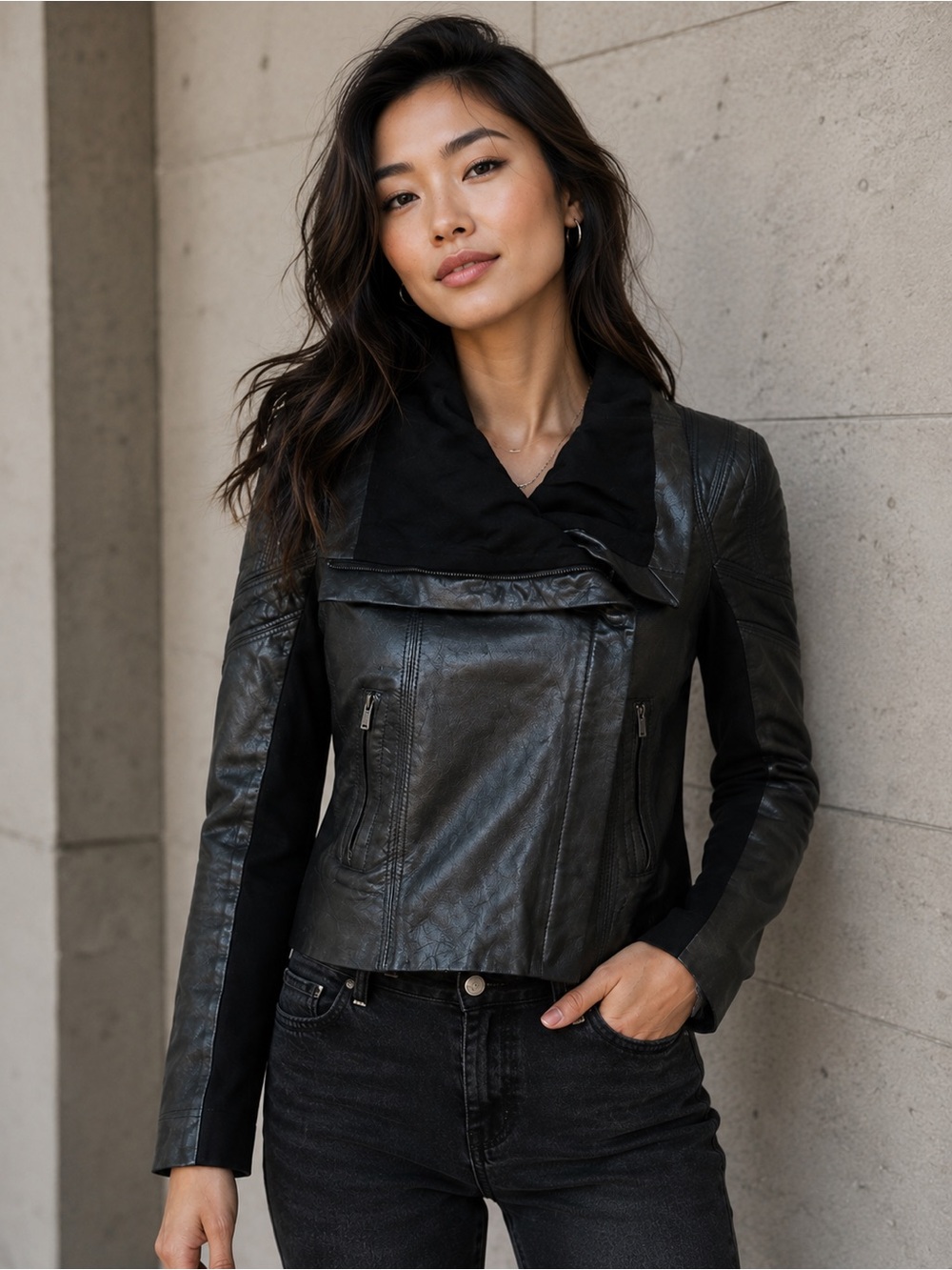 BCBGMAXAZRIA Genuine Leather Mixed Media Moto Jacket Black S